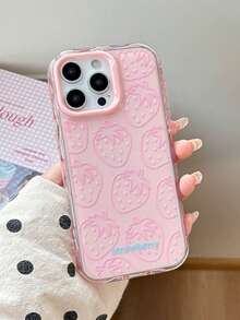 粉色草莓图案软硅胶手机壳，单件装，兼容 16 Pro Max、15、14、13系列，具有保护功能 - 淺粉色 - 查看 3