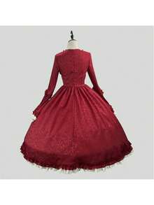 European And American Medieval Retro Gothic Court Dress With Square Collar, Waist Cinched, And Spliced Bow Tie Dress, Lolita Costume - 酒紅色 - 查看 7