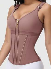 女士束腰带，产后健身塑身衣，拉链和钩扣设计，女士运动健身腰带，女士胸部塑形塑身衣，双层紧身腰带，适合训练或运动 - 鏽棕色 - 查看 3
