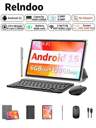 Relndoo 10インチ Androidタブレットパソコン キーボード&マウス付き、Android 15タブレット、2-in-1タブレットPC、ラップトップ保護ケース、スタイラスペン、データケーブル付き、RK3562クアッドコア2.0GHzプロセッサー、(6GB+128GB)メモリ+ストレージ、2MP+8MP デュアルカメラ、1280*800 HDタッチスクリーン、6000mAhバッテリー、1TB SDカード拡張対応、802.11n 2.4G/5G WiFi、GPS、認証済みタブレット(アダプター別売) - グレー