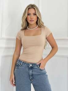 Set Of 3 Women's Baby Look Blouses With Square Neckline, Short Sleeves, Basic Shaping, Versatile, Casual Fashion, No Transparency, Fabric With Elastane, , Blogger Style, Affordable - BEIGE-ĐEN-TRẮNG - Xem 2