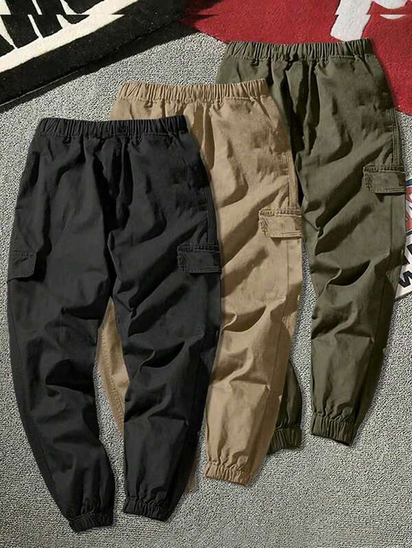 3pcs Boys & Teens Casual Faux Pocket Outdoor Sports Drawstring Cargo Pants, High Cost-Effective
