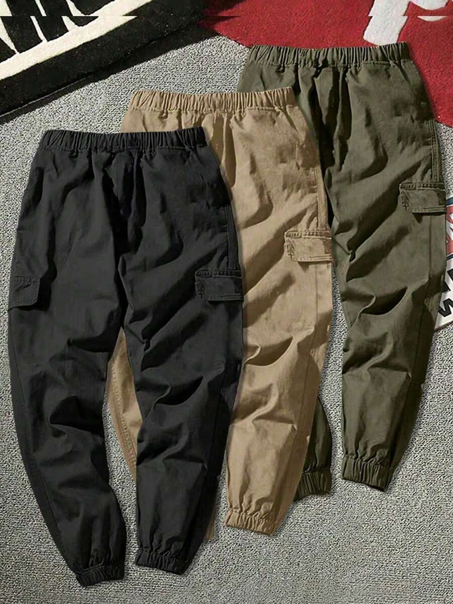 3pcs Boys & Teens Casual Faux Pocket Outdoor Sports Drawstring Cargo Pants, High Cost-Effective