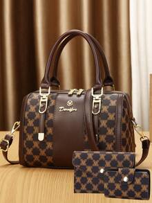 3pcs/Set Women's Fashion Printed Handbag, Tote Bag And Pillow Bag - Coffee - View 12