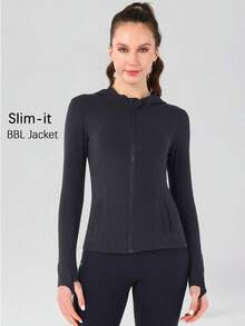 Women's Spring/Summer Hooded Sports Jacket, Winter Women's Jacket, Fashionable Yoga, Outdoor Running, Commuting, Elastic Comfort, Back Shaping, Abdominal Shaping, Slimming And Fitness, Running Sportswear, Zipper Elasticity, Minimalist Fashion, Sexy, Slim Fit, Long Sleeved Yoga Jacket - 藏蓝色 - 查看 8