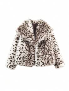 Women's Faux Fur Leopard Print Lapel Collar Fuzzy Elegant Sexy Jacket Coat, High-Quality Autumn/Winter