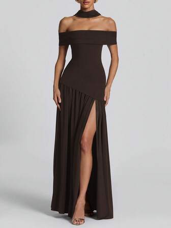 Robe longue élégante pour femmes avec épaules dénudées, froncée, pour soirée, mariage, festival, couleur marron