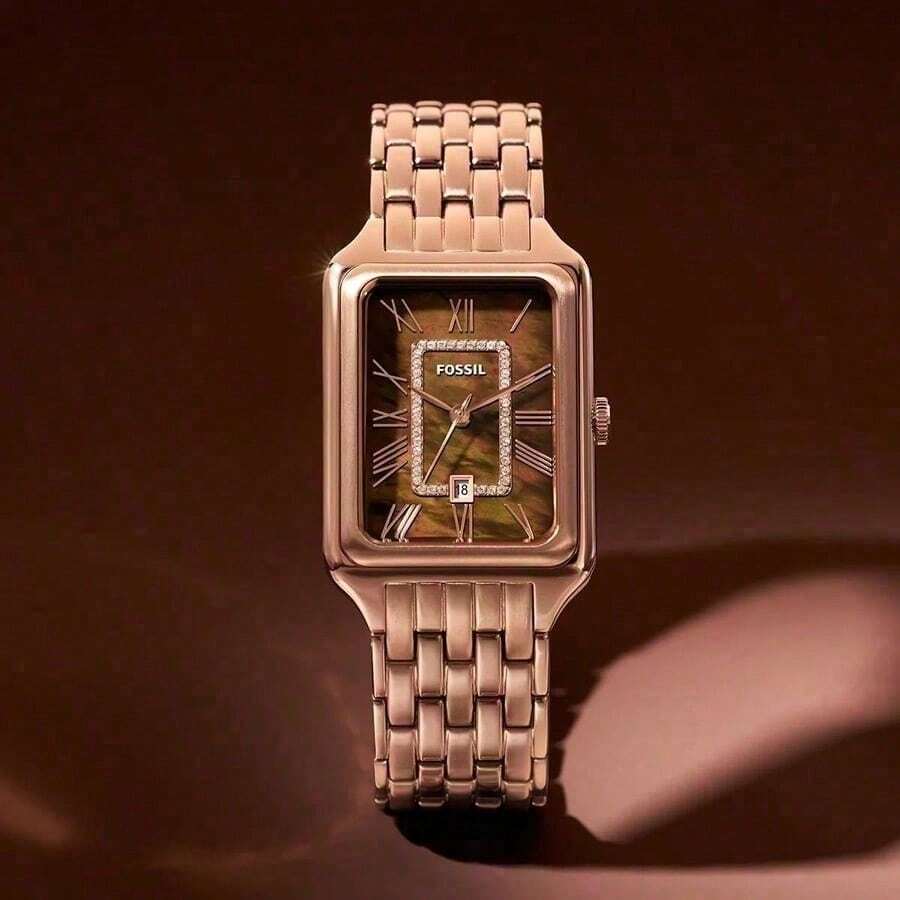 Fossil Đồng hồ đeo tay nữ Raquel Square Series: Vỏ và dây đeo bằng thép không gỉ, mặt kính pha lê, máy quartz ba kim ES5323 - Đồng + Đồng - Xem 1
