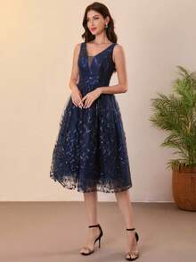 短款亮片蕾丝晚礼服，优雅女士无袖深V领蕾丝舞会礼服，带刺绣露背毕业礼服，A字鸡尾酒礼服 - 藏蓝色 - 查看 4