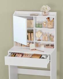 Coiffeuse, Table de Maquillage, avec Miroir, avec Placard de Rangement et tiroir, étagères réglables, Coin beauté, Style Moderne, 70 x 40 x 136 cm, Blanc - Blanc - Voir 2