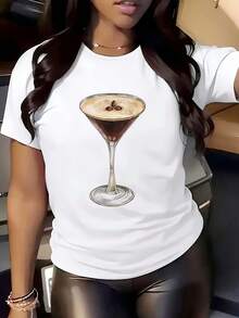 Women Round Neck T Shirt Espresso Martini Print Short Sleeve Casual Party Wear - 白色 - 查看 1