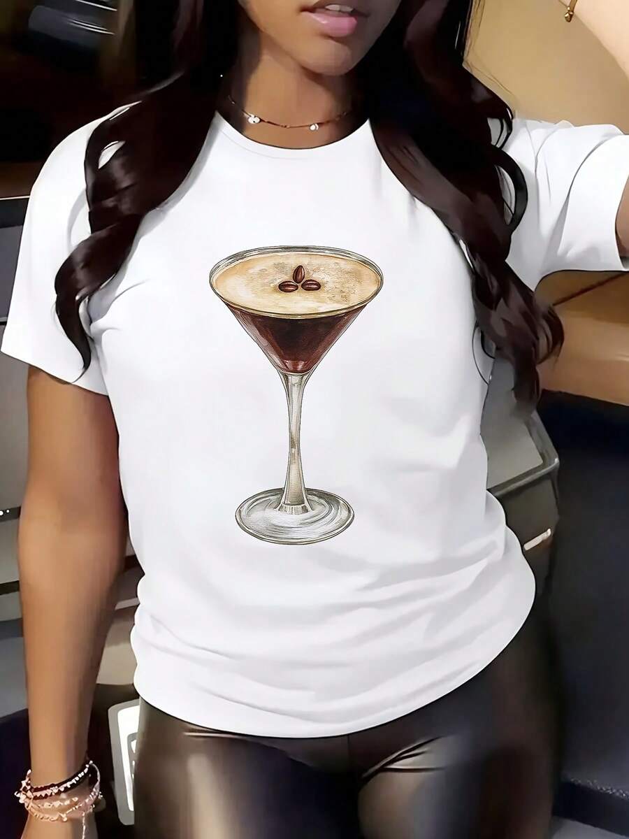 Women Round Neck T Shirt Espresso Martini Print Short Sleeve Casual Party Wear - 白色 - 查看 1