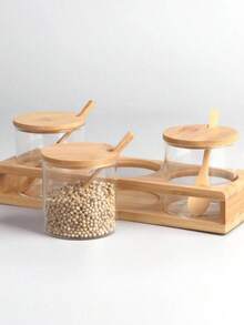 Set Of 3 Spice Jars With Bamboo Lids, 300ml, Tray, Container, Spoon, Food Storage Organizer - Mocha Brown - View 3