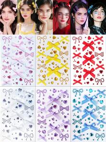 一张约171颗钻石心形蝴蝶结水钻贴纸，闪亮宝石贴纸，可用于脸部、身体、指甲，适合圣诞节、派对、节日、Y2K风格，有黄色、蓝色、红色、粉色、紫色可选。