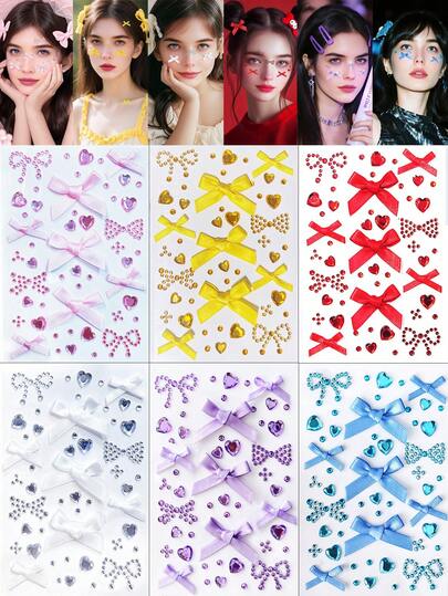 一张约171颗钻石心形蝴蝶结水钻贴纸，闪亮宝石贴纸，可用于脸部、身体、指甲，适合圣诞节、派对、节日、Y2K风格，有黄色、蓝色、红色、粉色、紫色可选。