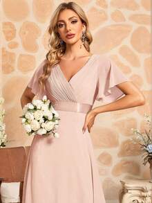 EVERPRETTY Elegant V-Neck Ruffle Butterfly Sleeve Champagne Bridesmaid Dress, Wedding Guest Dress, Spring/Summer Formal Dress For Wedding, Birthday Party, Graduation - Champagne - View 4