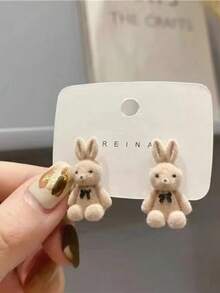 1 Pair Of Women's Flocked Bunny Stud Earrings – Simple Cute 3D Cartoon Design, Sweet Fluffy Ear Accessories, Adorable Fluffy Ear Ornaments For Daily Wear & Casual Outfits - 彩色 - 查看 12