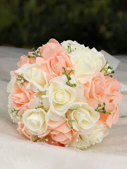 1 Bouquet Ivory Pink Rose Satin Ribbon Bridal Wedding Bouquet, Elegant Bride Wedding Bridesmaid Lawn Wedding Party Valentine's Day Artificial PE Foam Rose Bouquet Eternal Flower Wedding Decor PE1116B