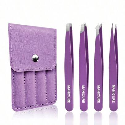 4-Pack Stainless Steel Eyebrow Tweezers Purple Set Makeup Tools For Eyelash Grafting, Eyebrow Shaping, Beard Pull And Hair Removal, And False Eyelash Assists