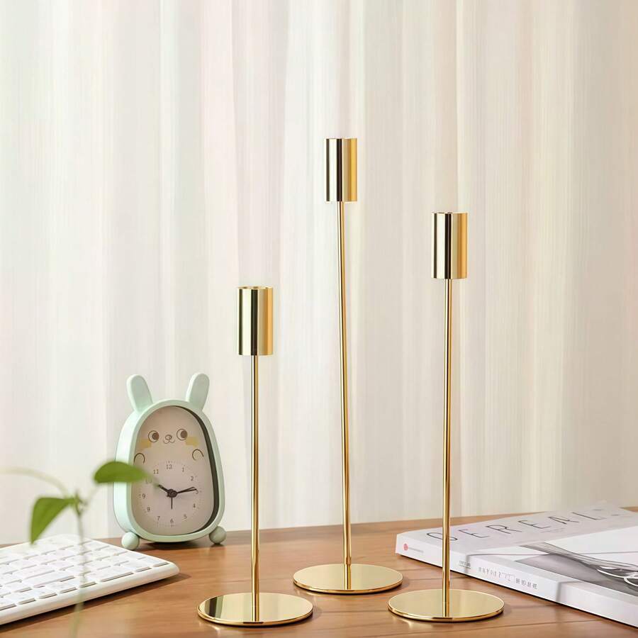 Bộ 3 chân nến cao, chân nến thon bằng sắt cho chân nến, chân nến cho đám cưới, ăn tối, tiệc tùng, trang trí lò sưởi, chân nến trang trí bàn, chân nến trụ cho đám cưới, trang trí nhà cửa, trang trí tiệc lễ hội, quà tặng tân gia - Vàng - Xem 1