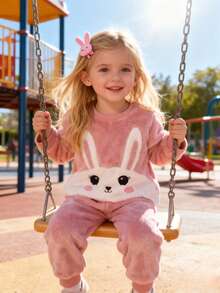 3 Stücke süßer Kaninchen Stickerei Fleece Langarm Top, einfarbige Hose und Kapuzen-Reißverschluss Weste Set, geeignet für Alltag und Outdoor, Herbst/Winter