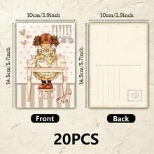 20pcs Vintage Hand-Drawn Style Postcards Set, Cute Girl Illustration, Cartoon Characters & Scenery, Holiday Greeting Cards, Retro Nostalgic Postcards, Student Scrapbooking Decorative Cards, Cartoon Girl Pattern Postcards, Mailable Greeting Cards