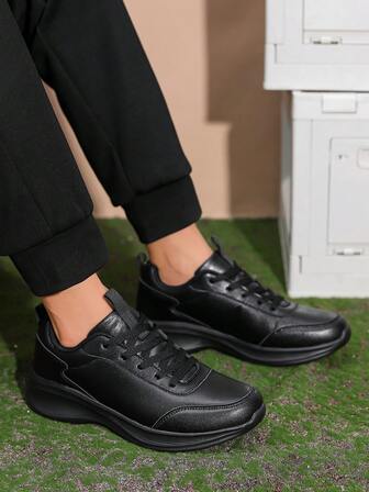 Men's Casual Solid Color Non-Slip Wear-Resistant Breathable Formal Outdoor Lace-Up Low-Top Men's Casual Sports Shoes, Formal Simple Style Leather Men's Sports Shoes, Running Shoes, Low-Top Shoes, Tennis Shoes For Men