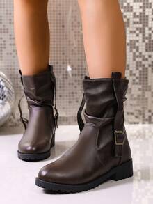 Western Style Buckle Holiday Round Toe Pleated Boots, Vintage Oversized British Style Fashion Versatile Chunky Heel Riding Boots For Women, Autumn/Winter - Brown - View 1