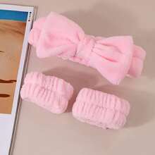 Solid Color Butterfly Hair With Wristband Set, Women's Washing And Beauty Makeup Headband, Wrist Flannel Hair Accessory Headband, Face Washing Headband, Wrist Set, Plush Elastic Headband, Women's Accessory Set - 粉色 - 查看 3