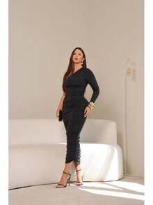 Vestido longo lápis elegante feminino, preto, assimétrico, de um ombro, manga comprida, colado ao corpo, de malha franzida, com alta elasticidade, liso, para festa - Preto - Visão 5
