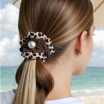 Vintage Leopard Print Pearl Hair Scrunchies Set, Polyester Bowknot Cute Hair Ties, Autumn/Winter ,Hair Rope