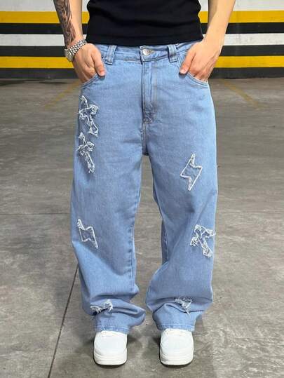 Calça jeans masculina grunge gótica Y2K, estilo casual streetwear, folgada, personalizada, jovem, esportiva, universitária, reta, com bordado de cruz, cor sólida, para todas as estações.