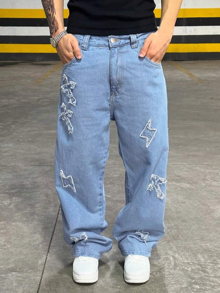 Grunge Goth Y2K 男士时尚休闲街头宽松个性化年轻运动学院直筒街头十字刺绣纯色四季牛仔裤