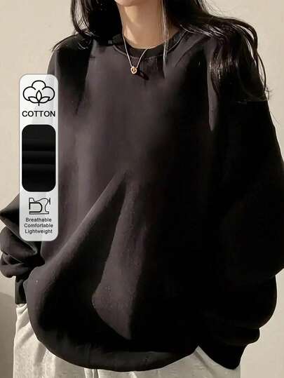 Women's Casual Loose Fit Cotton Crew Neck Long Sleeve Sweatshirt, Comfortable For Student, Daily Wear, Commuting, Back To School