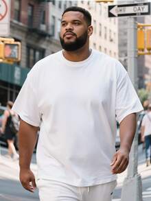 大码男士休闲简约纯白色圆领短袖 T 恤，百搭日常穿着 - 白色 - 查看 1