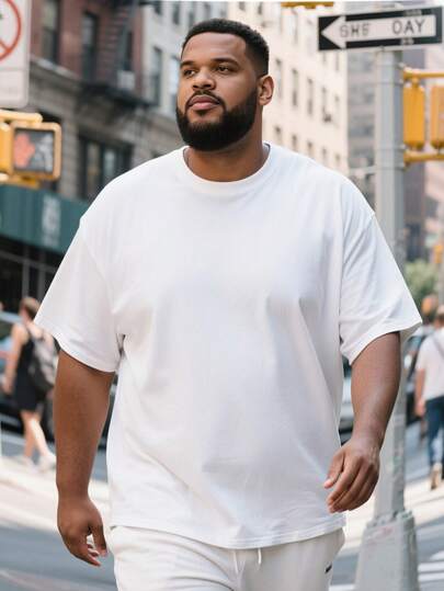 大码男士休闲简约纯白色圆领短袖 T 恤，百搭日常穿着