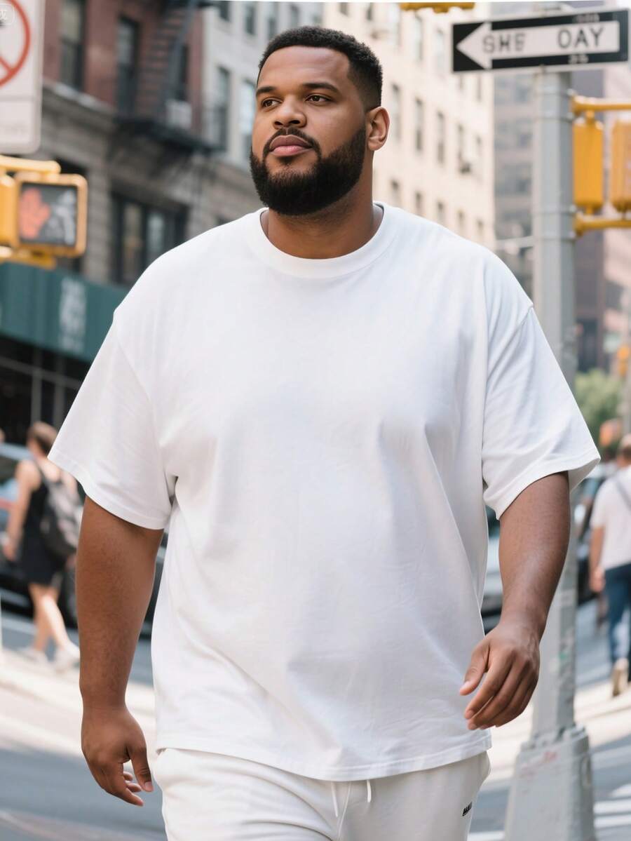 大码男士休闲简约纯白色圆领短袖 T 恤，百搭日常穿着 - 白色 - 查看 1