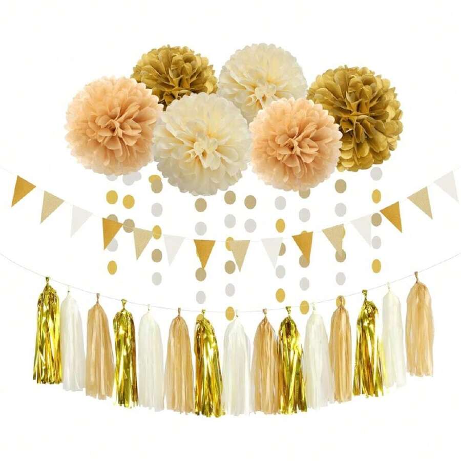 White Gold Champagne Party Drations - 23pcs Tissue Pom Poms Streamers,Christmas Wedding Engagement Tassel Garland Banner,Bachelorette Neutral Birthday Bridal Shower Dr ,26265920 - 白色 - 查看 1
