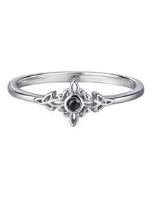 1pc S925 Sterling Silver Vintage Hollow Floral Pattern Ring With Black Stone, Delicate & Luxurious, Suitable For Women's Party/Daily Wear, Gift For Family And Friends, Women's Fine Jewelry - 銀色 - 查看 10