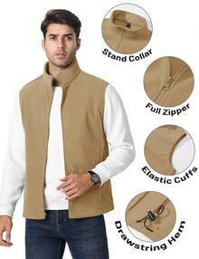 KEFITEVD Men's Fleece Vest Zip Up Lightweight Vests Outerwear With Pockets Winter Warm Sleeveless Jacket For Hiking Golf - Màu Khaki - Xem 3