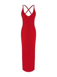 XLLAIS Sexy V-Neck Knit Bodycon Dress With Criss-Cross Open Back, Stretchy Christmas Party Dress Elegant Summer - Burgundy - View 6