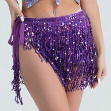 Women's Belly Dance Skirt Sparkly Sequined Fringe Wrap Hip Scarf, Festival Rave Carnival Costume, Burlesque Tassel Skirt For Women Party