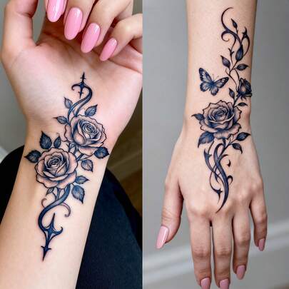 CAT QUEEN ART Juice Tattoo 是一款由天然植物成分制成的半永久性纹身贴纸。它以生动的蝴蝶、玫瑰花和卷曲的青草为图案。这是一款临时性假纹身，适用于肩膀、脖子、锁骨、手腕、脚踝等部位，可用于DIY、日常派对、节日礼物、身体装饰等，防水且逼真，可持续1-2周。