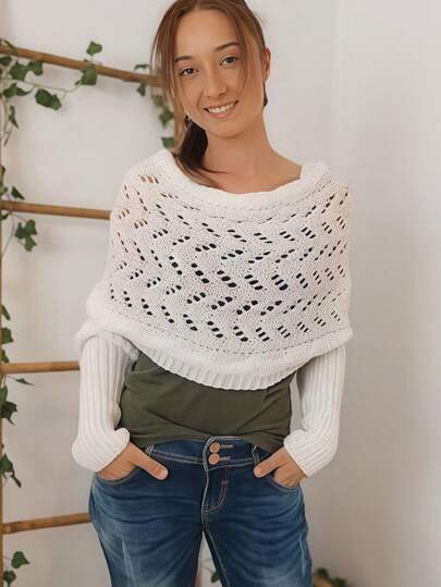 1 poncho/xale feminino de tricô vazado em cor sólida, modelo novo, simples e moderno para outono/inverno, com mangas, macio, confortável e elegante, ideal para usar no dia a dia com vestidos.