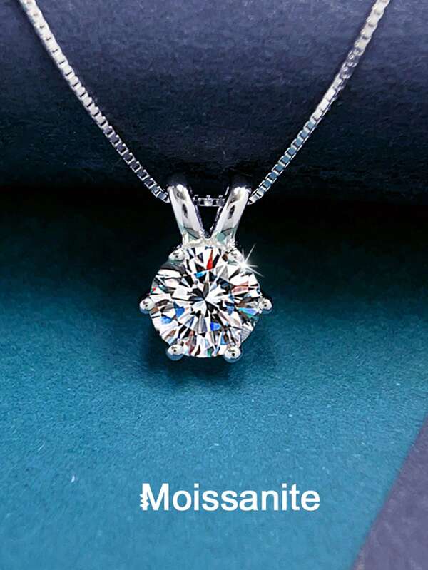 1pc Elegant 925 Sterling Silver 1 Carat 6.5mm Moissanite Necklace, Suitable For Women's Daily Wear, Gift For Valentine's Day, Halloween, Mother's Day, Luxury Fashion Jewelry