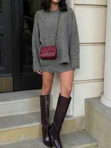 Knit Mix Elegant Women's Fall Winter Knit Sweater Set, Casual Round Neck Long Sleeve Pullover Top, Christmas New Year Thanksgiving Chic Solid Color Two Pieces