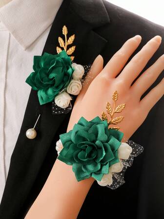 1枚胸花+1枚腕花，男女通用，奢华绿色泡沫花搭配金属合金，优雅胸花和腕花套装，适用于新郎、新娘、婚礼装饰、派对、宴会。
