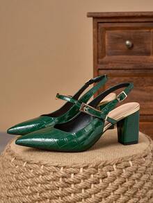 WHDXY Sepatu hak tinggi wanita elegan berwarna hijau dengan motif timbul, tebal, dan ujung runcing. Desain bertali yang nyaman, cocok untuk pesta/acara malam. - Hijau - View 2