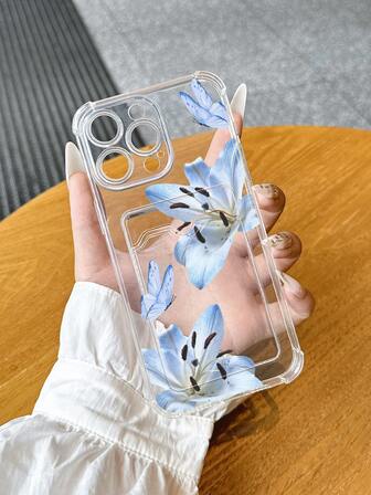 花朵图案单件装ins风透明奶油色保护手机壳，带挂绳，兼容苹果