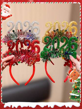 2026年新年テーマ ヘアバンド 1/4個セット、レッド、グリーン、ゴールド、シルバーなどのカラースタイル展開、祝祭的なスタイルで祝祭的な雰囲気、2026年新年、年末パーティー、祝祭に適しています。ヘアアクセサリーとして使えば祝祭的な雰囲気を演出でき、イベントのプロップやギフトにも適しています。